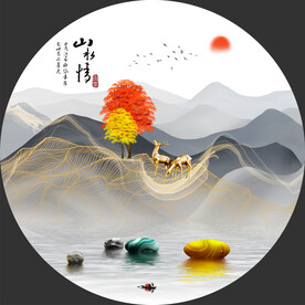 圆形发财树山水