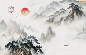 新中式山水画迎客松背景墙
