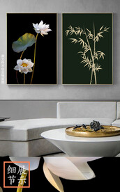 新中式文艺餐厅荷花两联装饰画