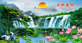 迎客松瀑布山水装饰画