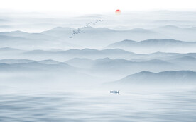 蓝色水墨山水画背景墙