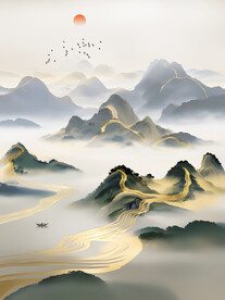 新中式手绘国画意境山水背景墙