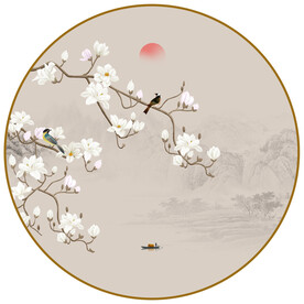 圆形玉兰花鸟画