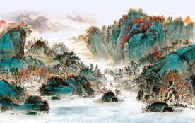 新中式国画彩墨山水背景壁画