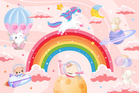卡通彩虹粉色星空动物星球背景墙