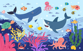 卡通海底珊瑚手绘鲨鱼鲸鱼背景墙