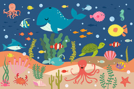 卡通海底手绘鲸鱼珊瑚热带鱼背景