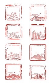 中式中国风祥云山纹红色印章边框