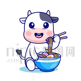 可爱卡通吃面的牛