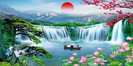 高山流水瀑布山水画