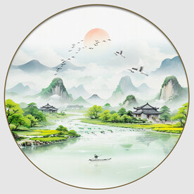 圆形水墨山水玄关画
