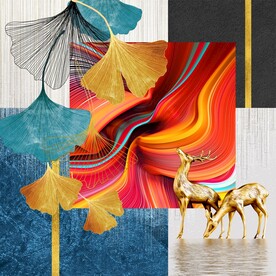 银杏叶麋鹿方形装饰画