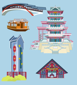 国潮手绘里水建筑