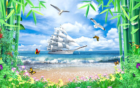 一帆风顺帆船沙滩背景墙