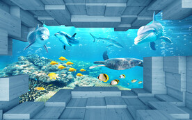 3D立体海豚海底世界背景墙