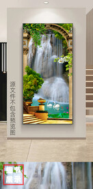 中式流水生财瀑布风景玄关装饰画
