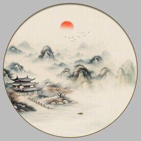 圆形山水水墨画