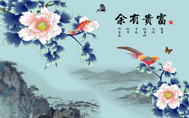 兰牡丹花开富贵山水背景墙