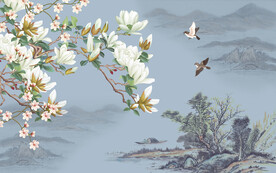 新中式手绘玉兰花鸟背景墙