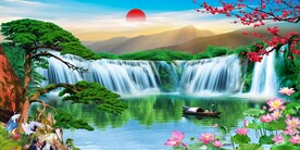 流水生财迎客松山水画