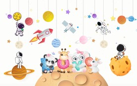 卡通太空儿童房背景墙图片