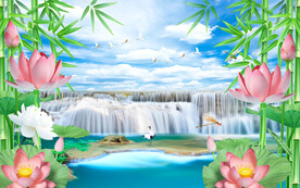 竹林流水生财3d风景背景墙