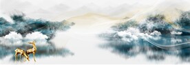 抽象山水麋鹿画