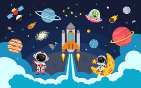 手绘太空火箭卡通星球儿童背景墙