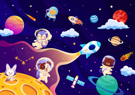 梦幻动物宇航员卡通太空火箭背景