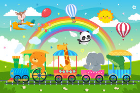 可爱动物小火车卡通彩虹气球背景