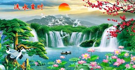 流水生财迎客松山水装饰画