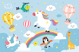 卡通彩虹云朵可爱独角兽动物背景