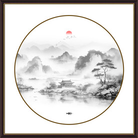 圆形山水水墨画