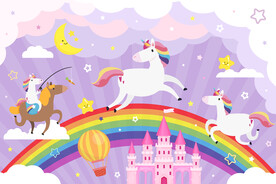 梦幻彩虹独角兽卡通城堡背景墙