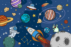 卡通宇宙星球太空人儿童房背景墙