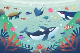 卡通鲸鱼梦幻海洋动物珊瑚背景墙