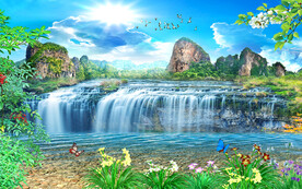 流水生财竹子山水瀑布电视背景墙