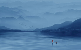 空灵意境山水风景蓝色写意背景墙