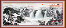 迎客松瀑布山水国画