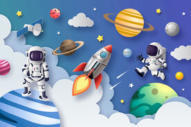 3D太空星球卡通宇航员火箭背景