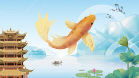 蓝色空灵静谧古风山水背景图