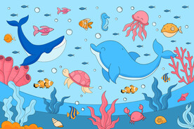 手绘海豚鲸鱼卡通海底珊瑚背景墙
