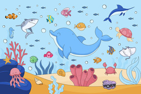 可爱海豚卡通海底动物珊瑚背景墙