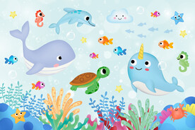 卡通可爱海豚海底动物珊瑚背景墙