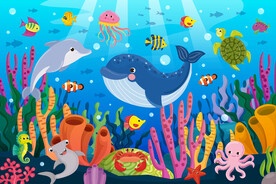 可爱鲸鱼卡通海豚海底珊瑚背景墙