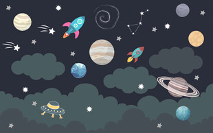 星球太空卡通儿童房背景墙