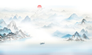 意境水墨江南山水画背景墙