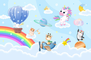 卡通彩虹云朵可爱动物儿童背景墙