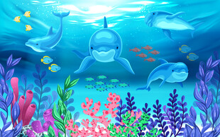 海底世界卡通儿童房背景墙