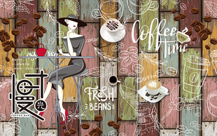 个性木板慢时光咖啡馆工装背景墙